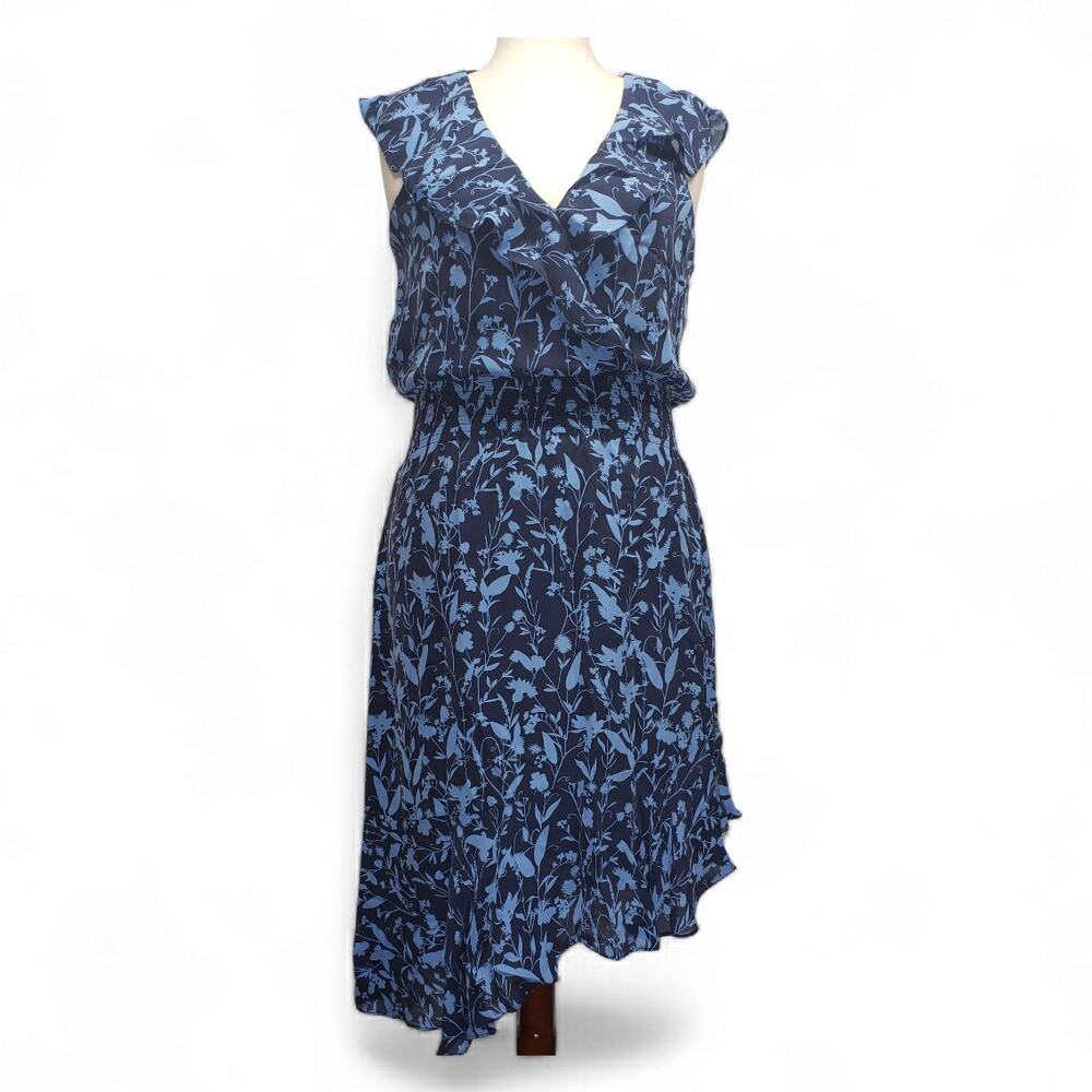 Parker Silk Floral Dress XL Blue Asymmetrical  Tiered Ruffle Romantic Wedding